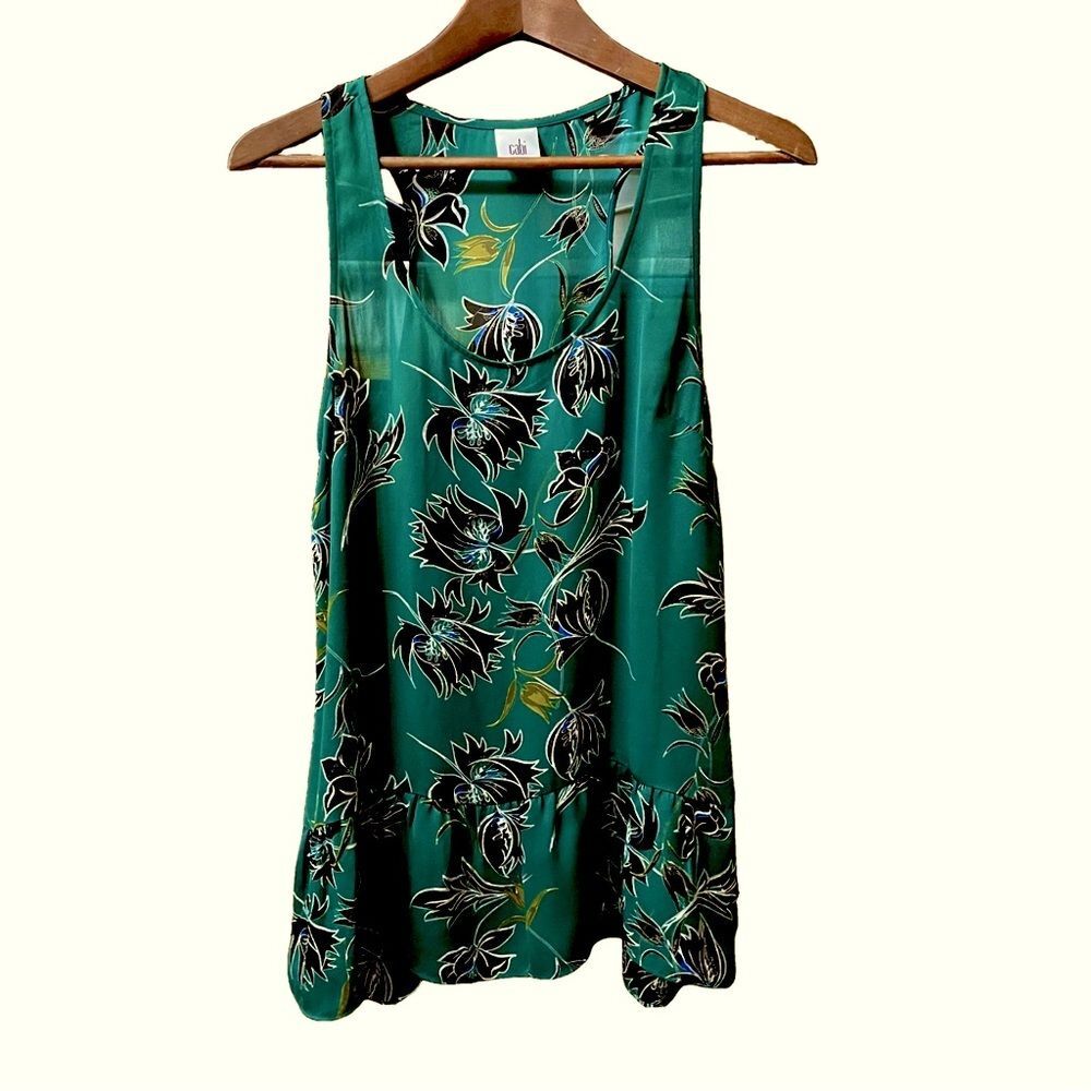 Cabi Women's Tank Top Blouse Sleeveless Green Black Zoe Falling Flowers Size M